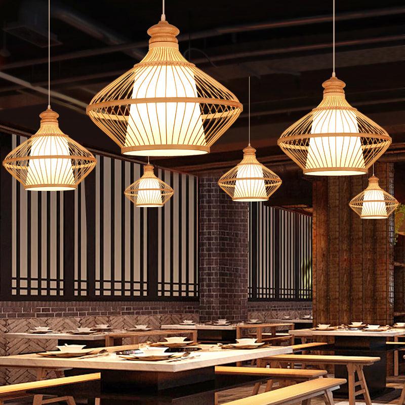 Asian Style Simplicity Hanging Light Bamboo & Imitation Sheepskin Double Shade 1 Light Pendant Lamp