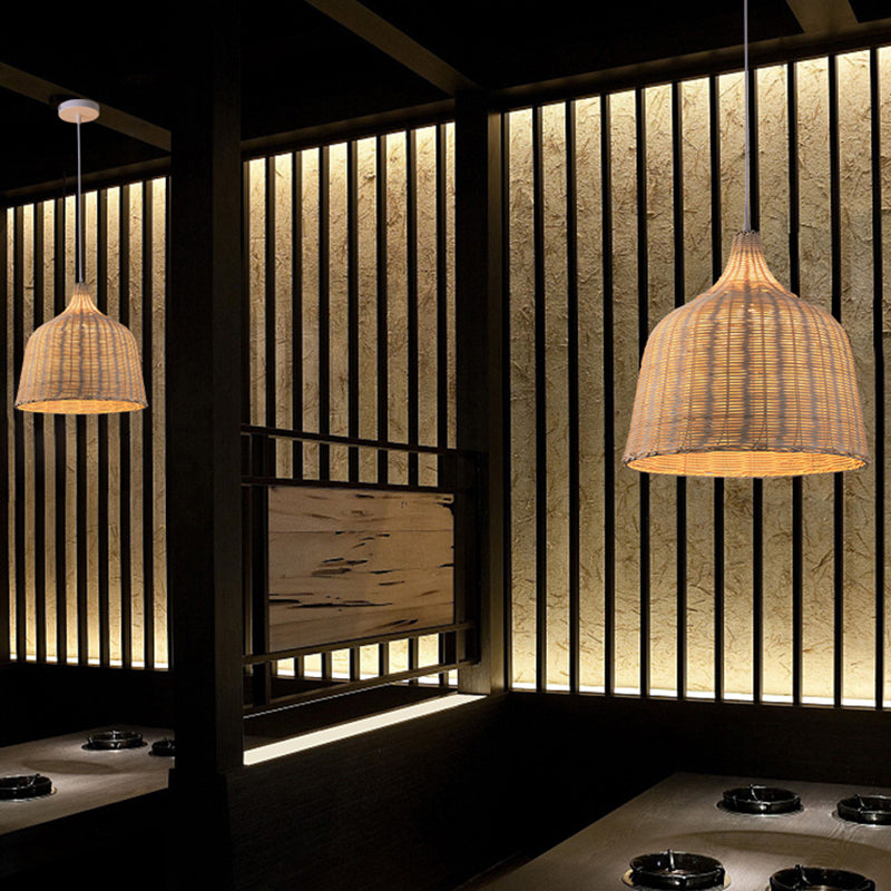 Hand-weaving Bamboo Bell Shape Hanging Light Asian Rattan Shade Single Light Pendant Lamp with 59" Hanging Wire
