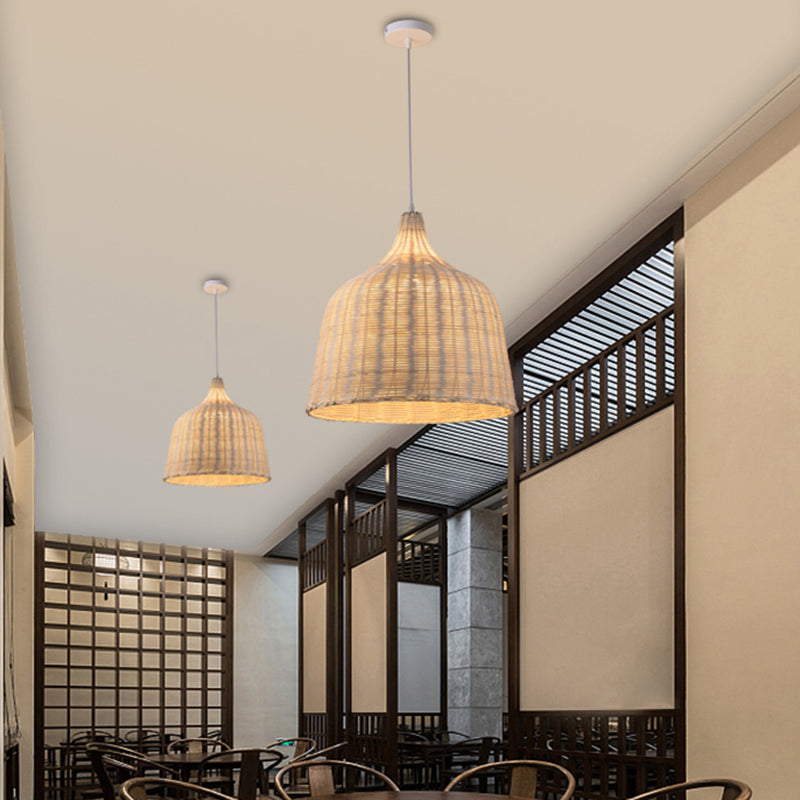 Hand-weaving Bamboo Bell Shape Hanging Light Asian Rattan Shade Single Light Pendant Lamp with 59" Hanging Wire