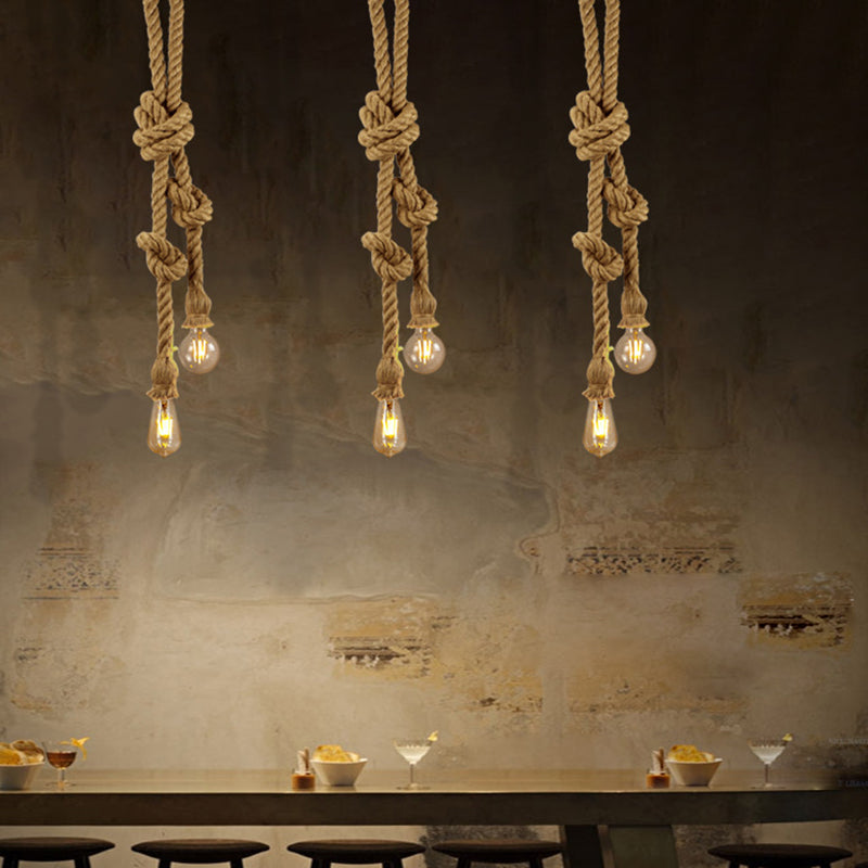 Natural Hemp Rope Hanging Light Retro Industrial Bare Bulb Single Light Ceiling Pendant for Bar Coffee Shop