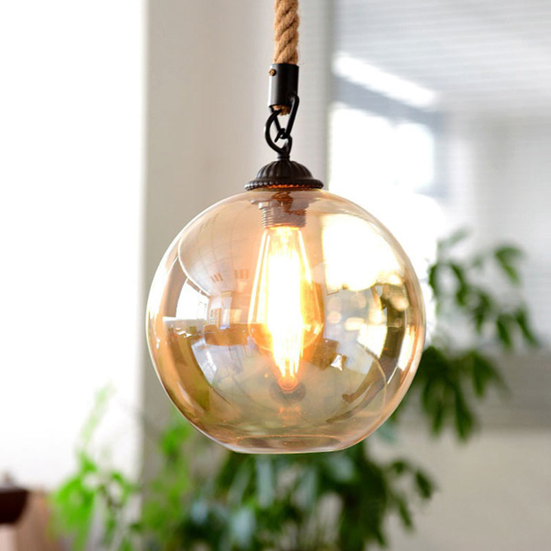Amber Glass Globe Shade Pendant Light Vintage Industrial Mini Hanging Lamp with 39 Inch Adjustable Hanging Hemp Rope