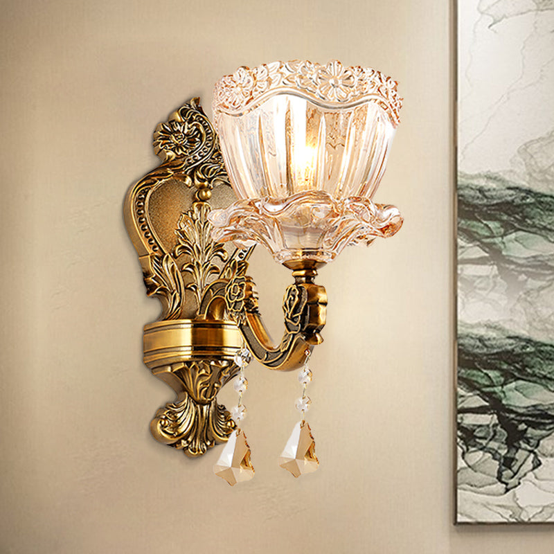 Amber Glass Flower Wall Light Fixture Modern 1/2 Heads Brass Sconce Light with K9 Crystal Drop