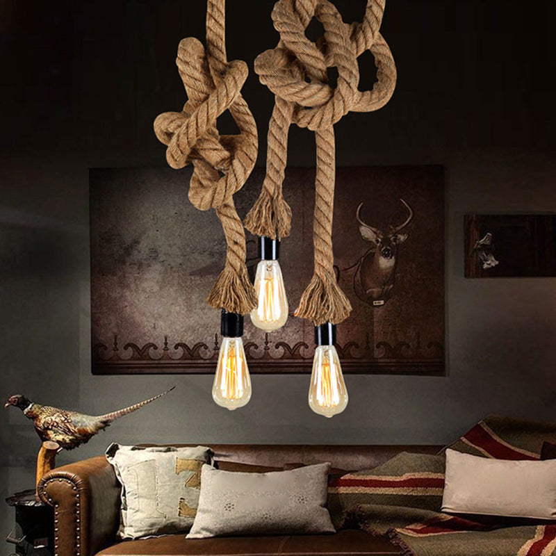 DIY Adjustable Hemp Rope Hanging Light Retro Industrial Single Bare Bulb Lighting Fixture for Bar Counter Farmhouse