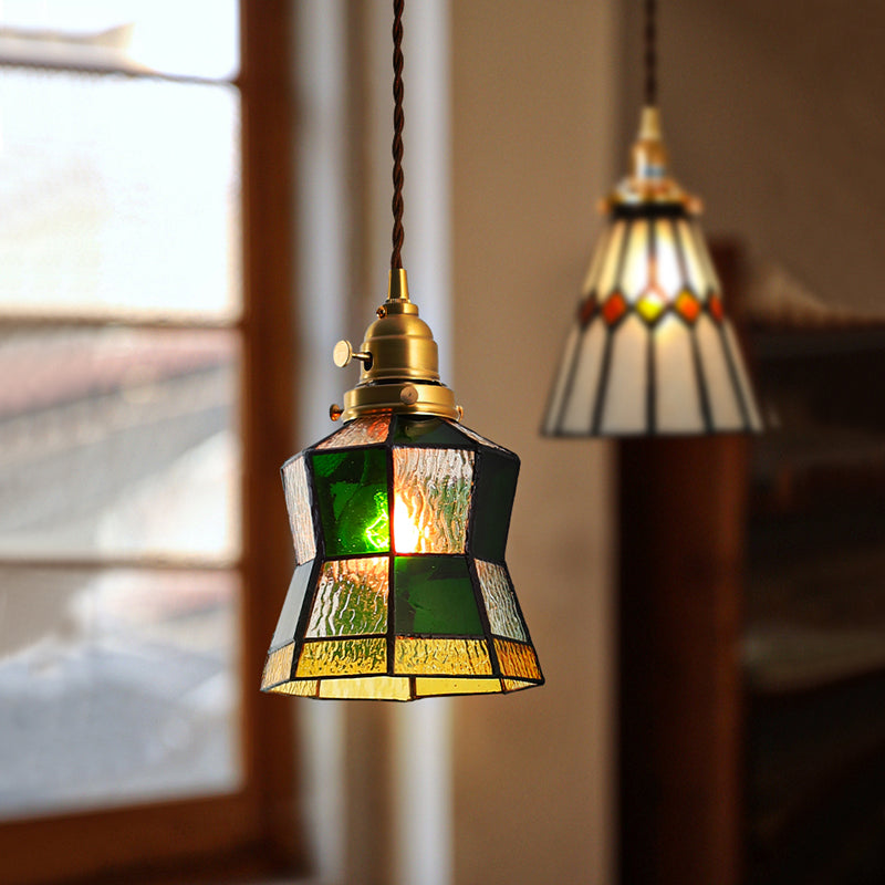 Stained Glass Shade Tiffany Hanging Light Brass Bedroom Mini Pendant Lamp with 63" Hanging Wire