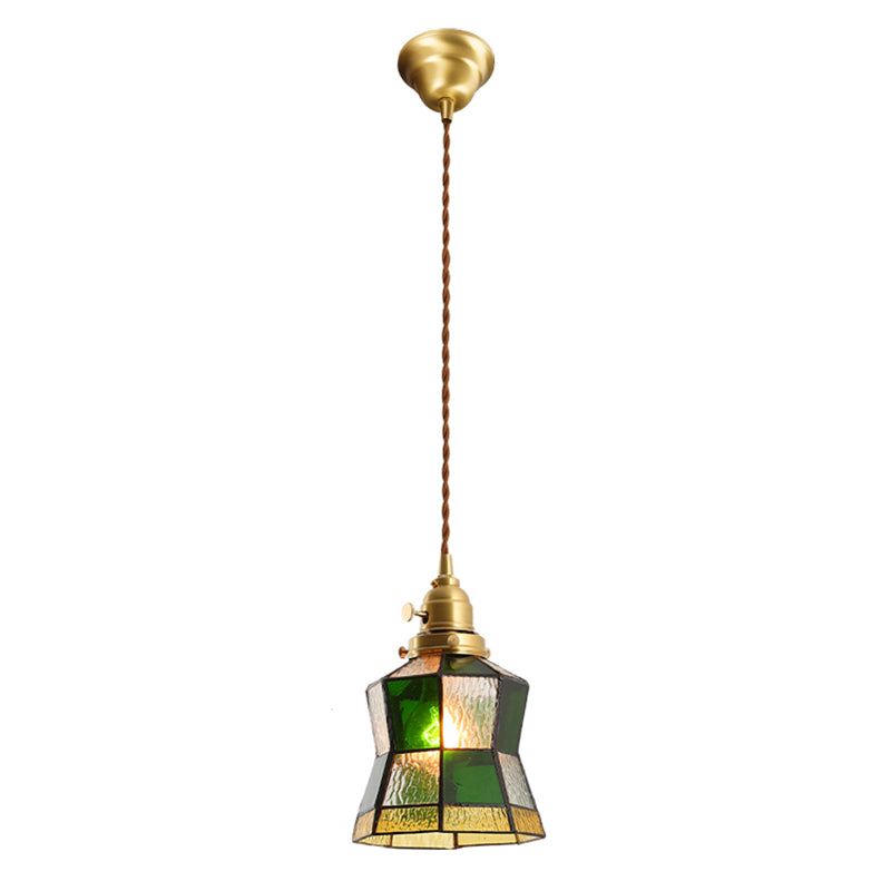 Stained Glass Shade Tiffany Hanging Light Brass Bedroom Mini Pendant Lamp with 63" Hanging Wire