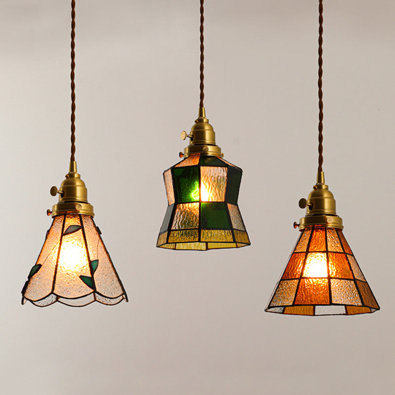Stained Glass Shade Tiffany Hanging Light Brass Bedroom Mini Pendant Lamp with 63" Hanging Wire