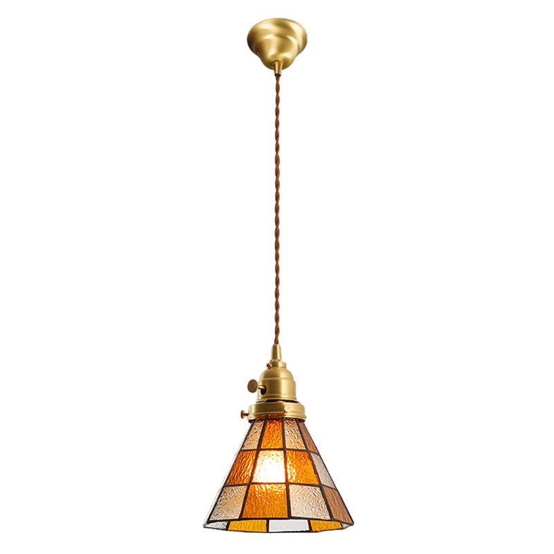 Stained Glass Shade Tiffany Hanging Light Brass Bedroom Mini Pendant Lamp with 63" Hanging Wire