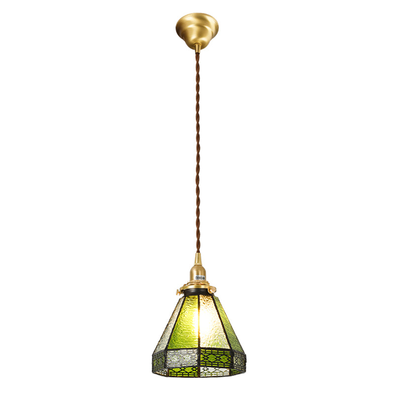 Stained Glass Shade Tiffany Hanging Light Brass Bedroom Mini Pendant Lamp with 63" Hanging Wire