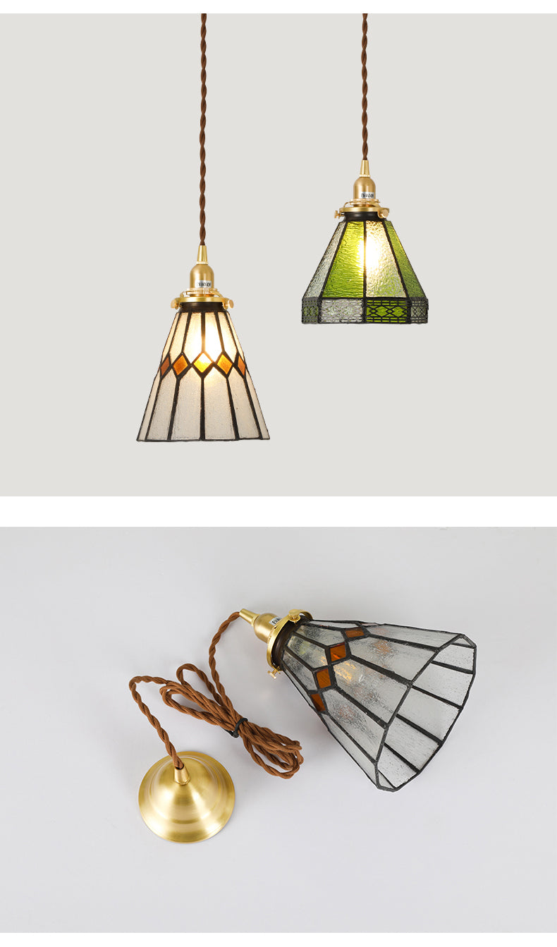 Stained Glass Shade Tiffany Hanging Light Brass Bedroom Mini Pendant Lamp with 63" Hanging Wire