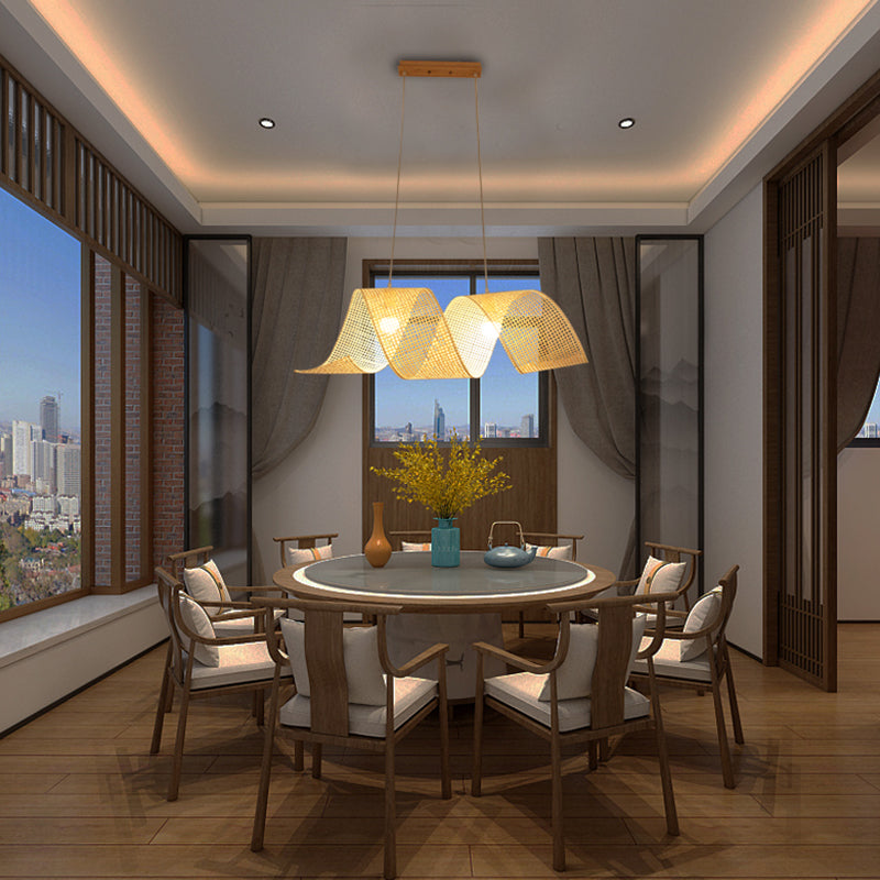 33.5" Width Twist Suspension Pendant Asian Style Bamboo 2-Light Flaxen Hanging Light