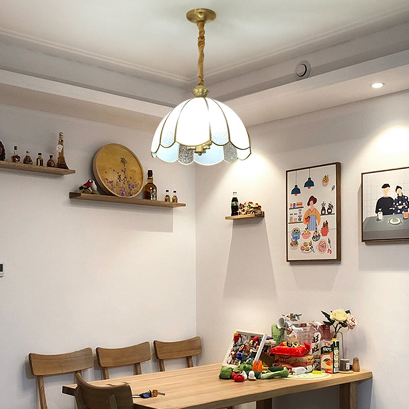 Elegant Dome Flower Shade Pendant Light Hammered Frosted Glass 1 Light Brass Hanging Light for Living Room