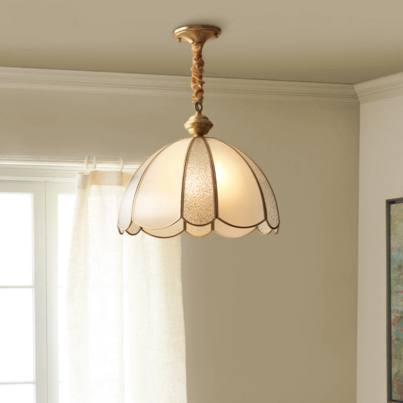 Elegant Dome Flower Shade Pendant Light Hammered Frosted Glass 1 Light Brass Hanging Light for Living Room