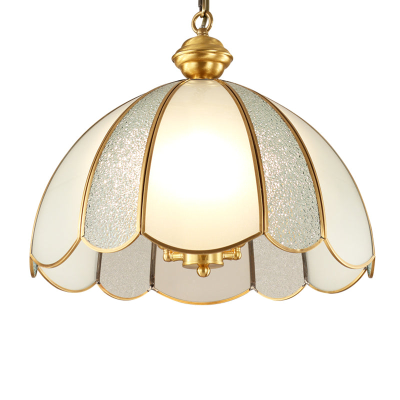 Elegant Dome Flower Shade Pendant Light Hammered Frosted Glass 1 Light Brass Hanging Light for Living Room