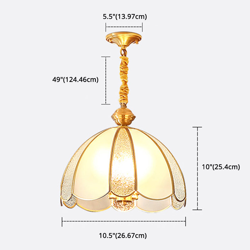 Elegant Dome Flower Shade Pendant Light Hammered Frosted Glass 1 Light Brass Hanging Light for Living Room
