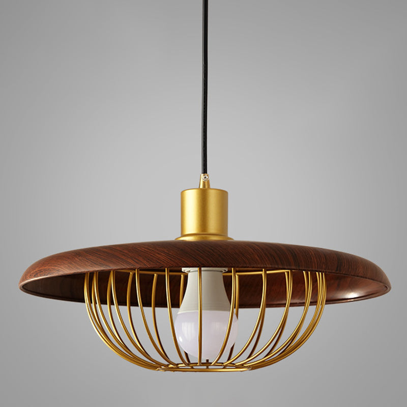 Pendre en bois de style moderne avec une lampe de suspension de bulbe simple à cage en métal doré pour le café
