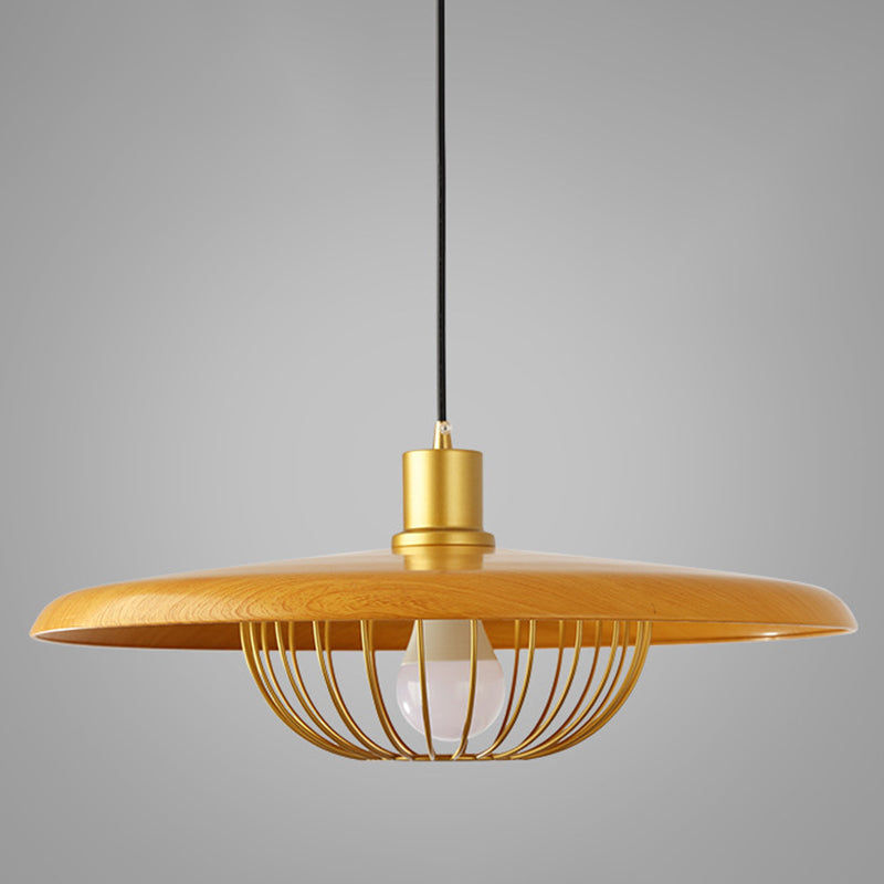 Pendre en bois de style moderne avec une lampe de suspension de bulbe simple à cage en métal doré pour le café