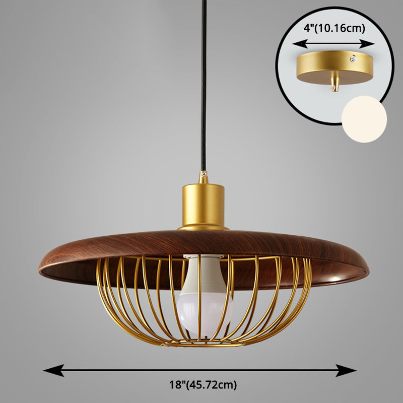 Pendre en bois de style moderne avec une lampe de suspension de bulbe simple à cage en métal doré pour le café