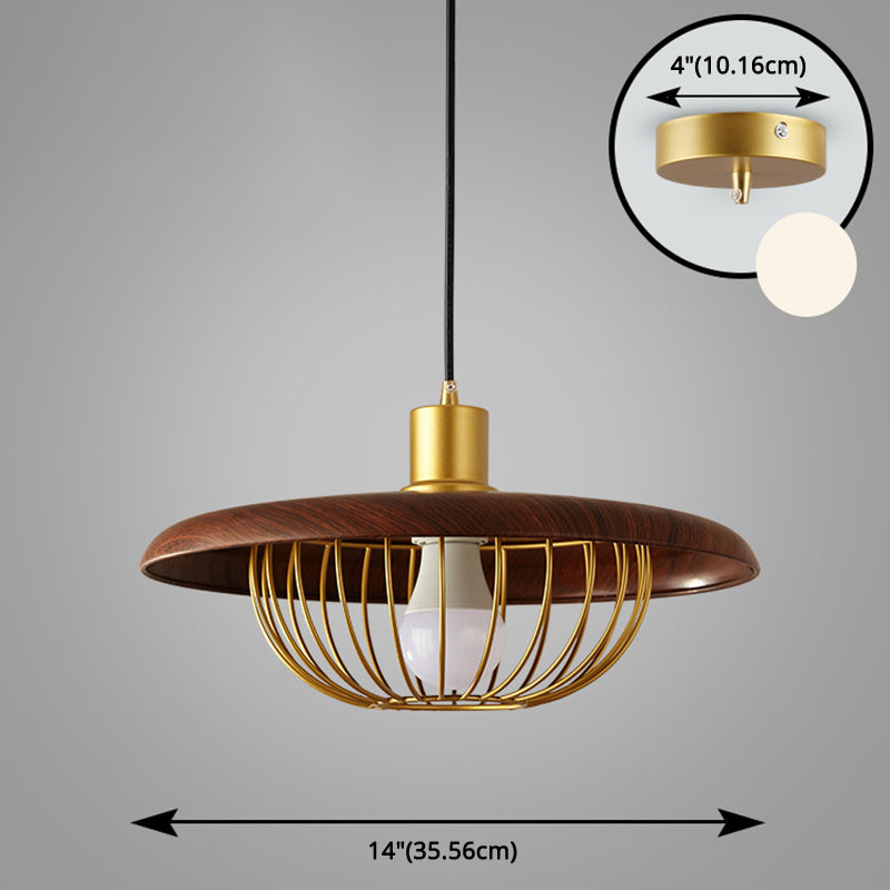Pendre en bois de style moderne avec une lampe de suspension de bulbe simple à cage en métal doré pour le café