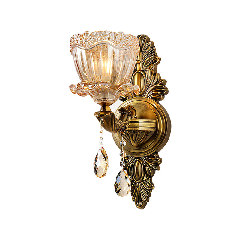 Modern Floral Shape Sconce Light Amber Glass 1/2 Heads Living Room Wall Mount Light with Teardrop Crystal Drop in Brass