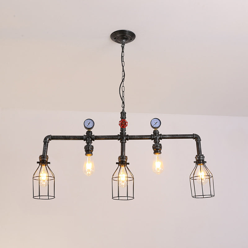 Pipe and Gauge Metal Island Lighting Industrial 5 Lights Restaurant Suspension Light with Cage in Black