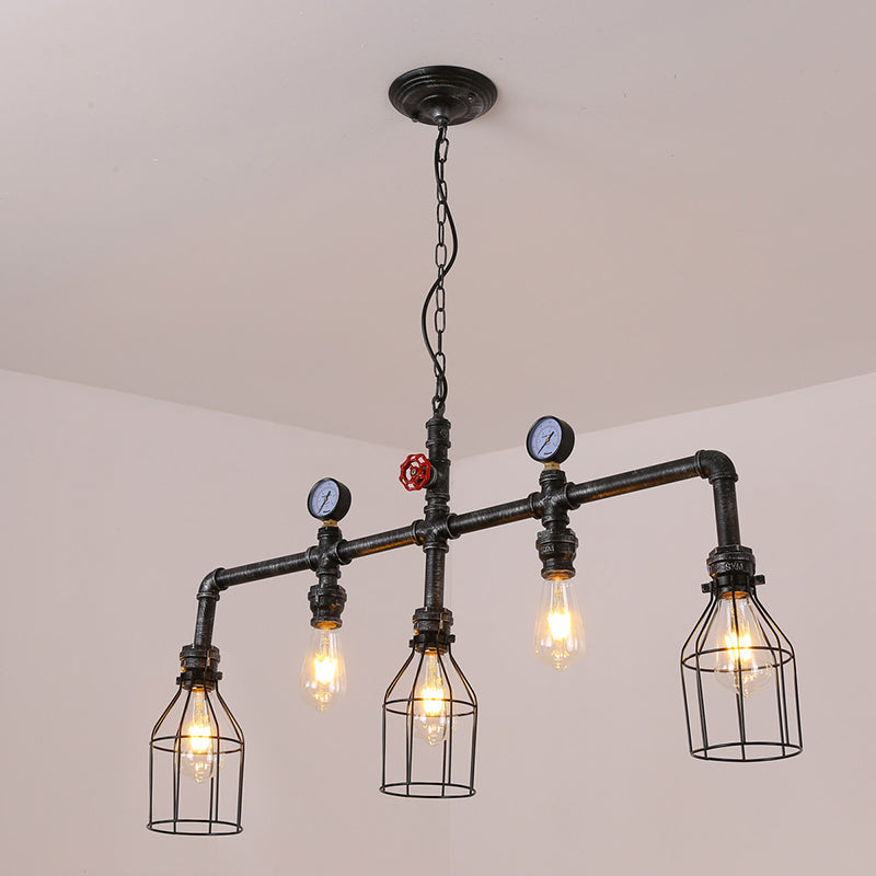 Pipe and Gauge Metal Island Lighting Industrial 5 Lights Restaurant Suspension Light with Cage in Black