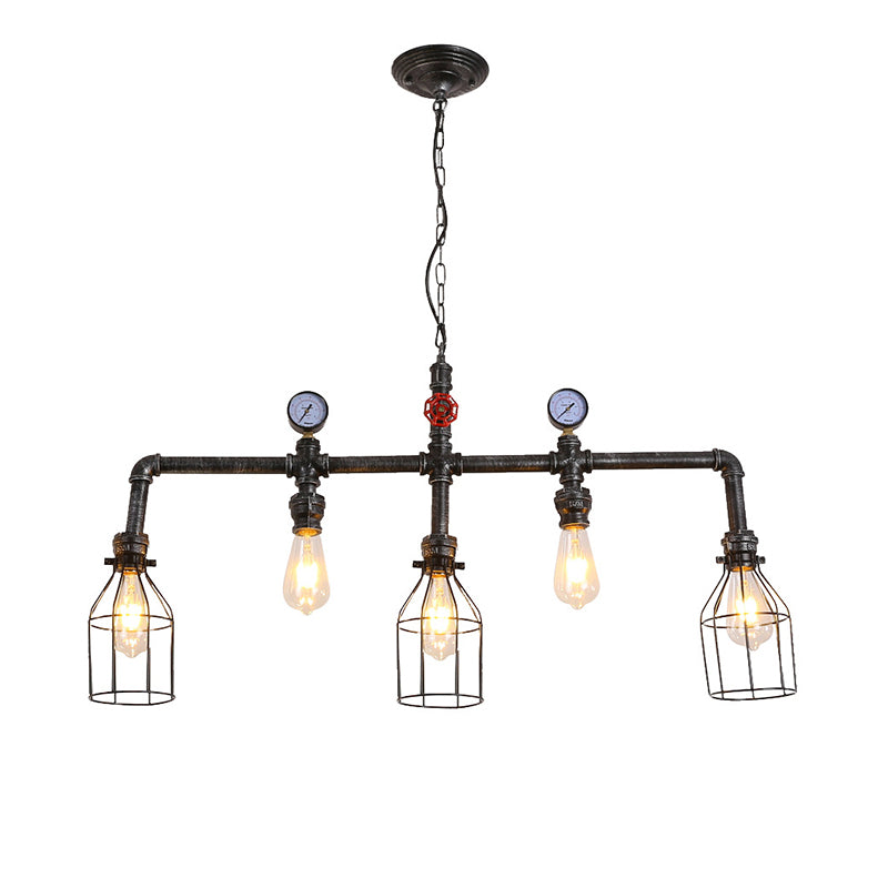 Pipe and Gauge Metal Island Lighting Industrial 5 Lights Restaurant Suspension Light with Cage in Black