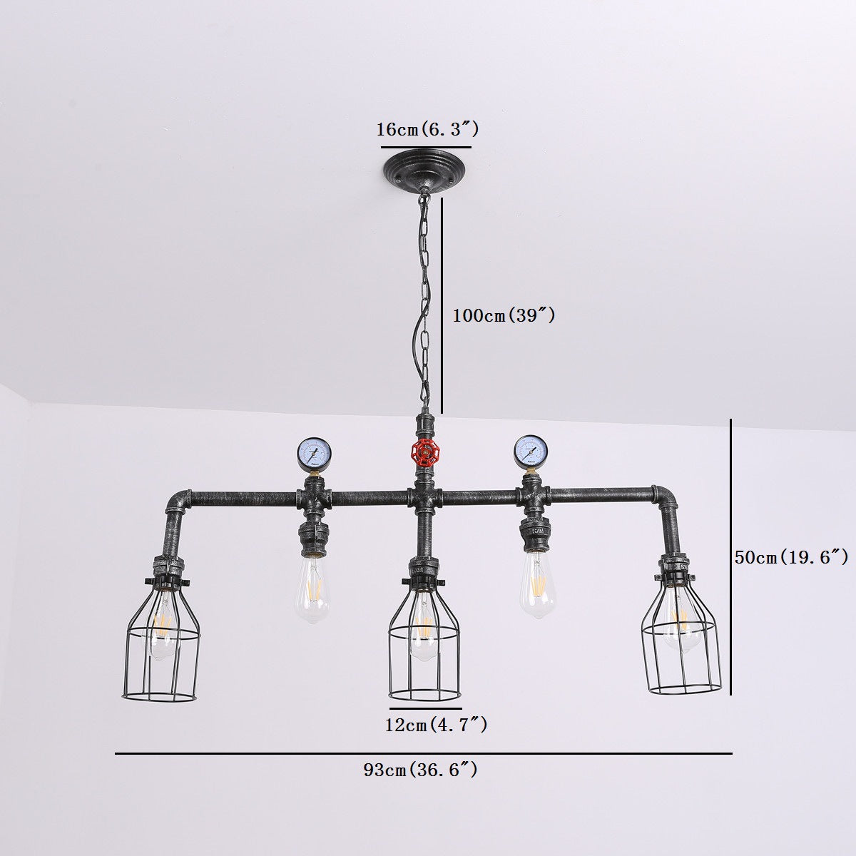 Pipe and Gauge Metal Island Lighting Industrial 5 Lights Restaurant Suspension Light with Cage in Black