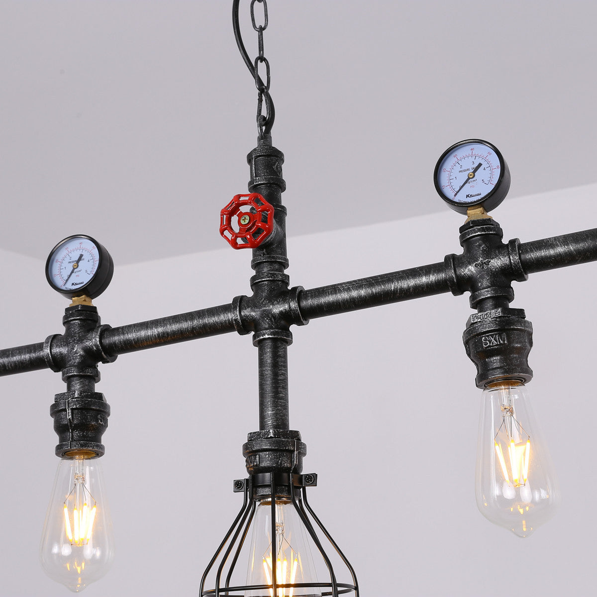 Pipe and Gauge Metal Island Lighting Industrial 5 Lights Restaurant Suspension Light with Cage in Black