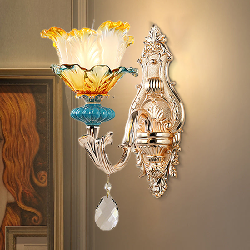 Flower Wall Light Fixture Modernism Amber and Blue Glass 1/2 Heads Brass Sconce Light
