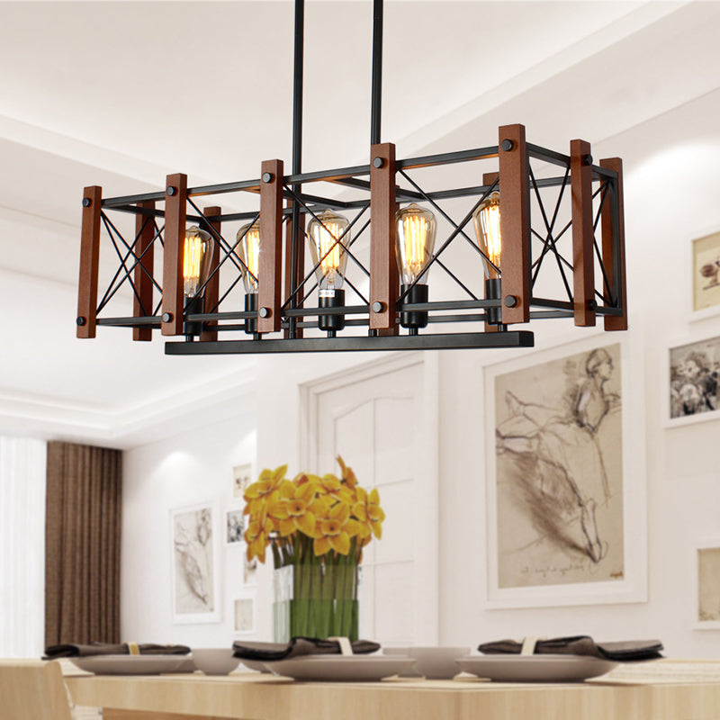 5 luces Ligera colgante de la jaula industrial rectangular Iluminación de isla de metal en negro