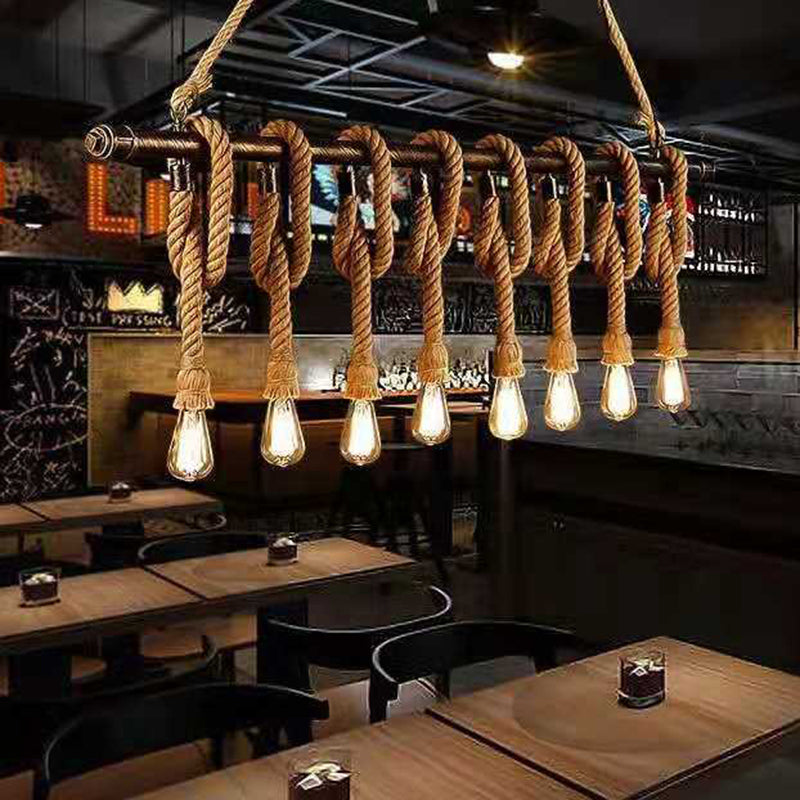 Linear Bar Island Light Fixture Industrial Hemp Rope Bronze Finish Suspension Light