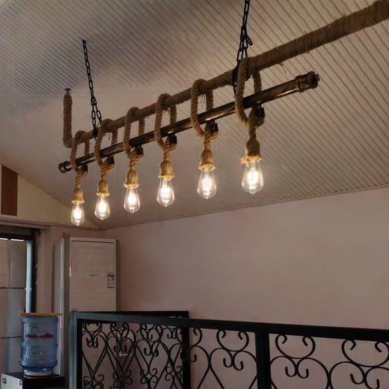 Linear Bar Island Light Fixture Industrial Hemp Rope Bronze Finish Suspension Light