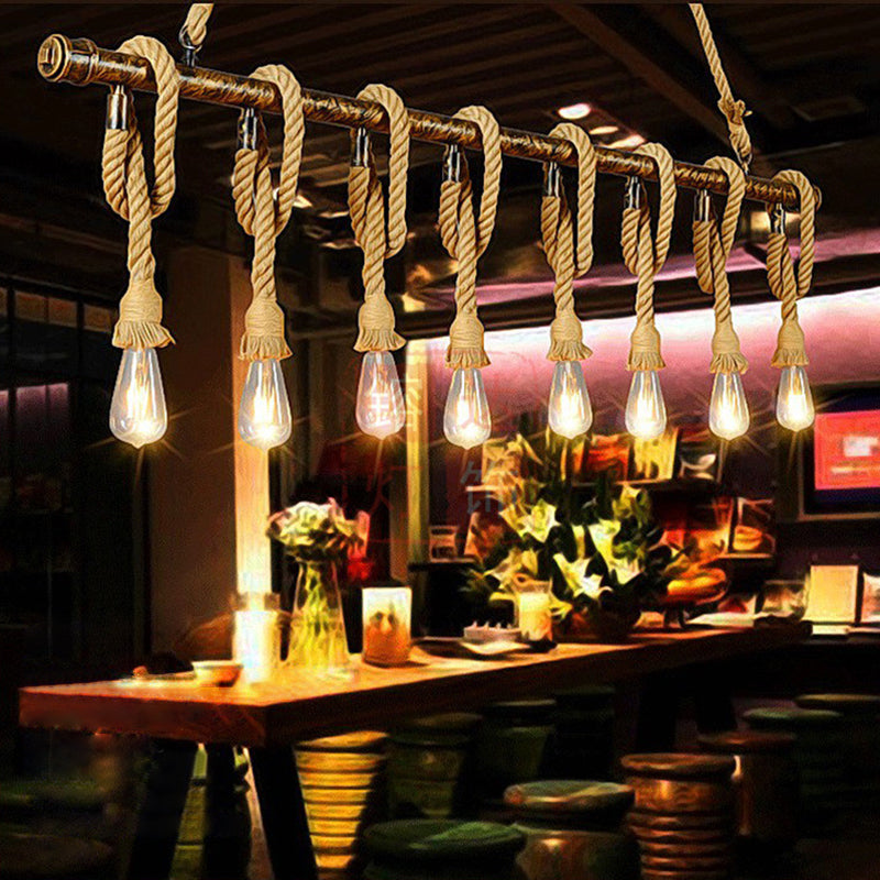 Linear Bar Island Light Fixture Industrial Hemp Rope Bronze Finish Suspension Light