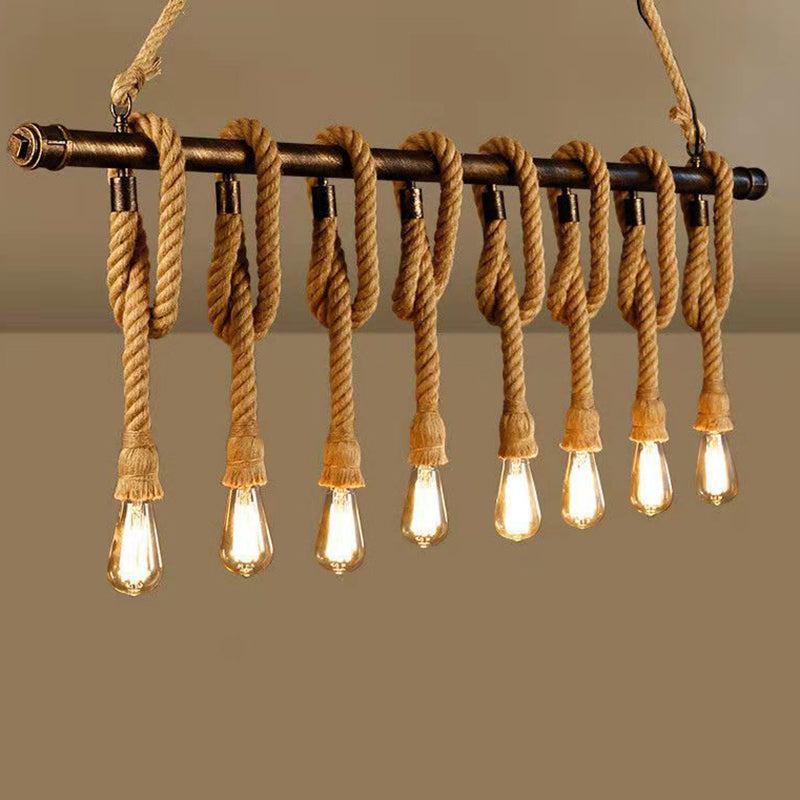 Linear Bar Island Light Fixture Industrial Hemp Rope Bronze Finish Suspension Light