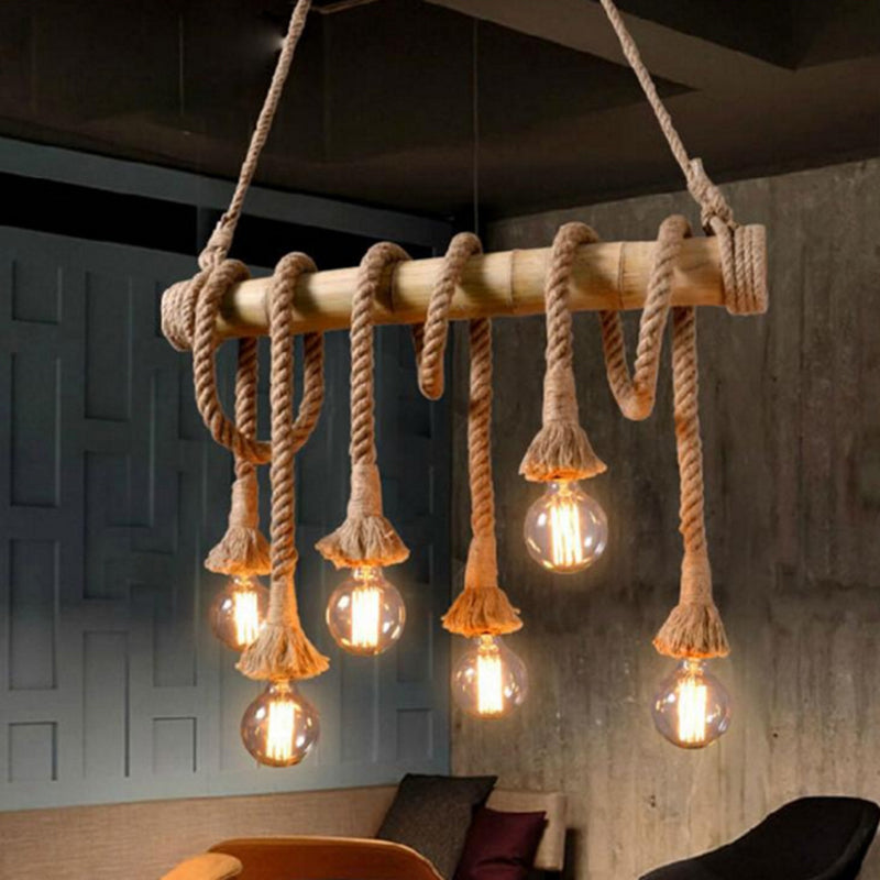Hemp Rope Pendant Lamp Industrial Style Beige Linear Restaurant over Island Lighting