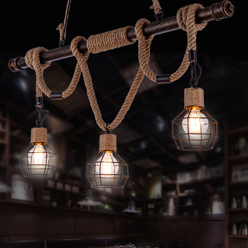 Hemp Rope Pendant Lamp Industrial Style Beige Linear Restaurant over Island Lighting