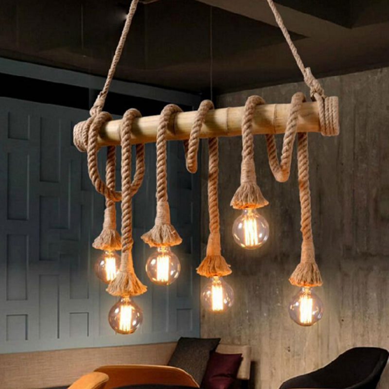 Hemp Rope Pendant Lamp Industrial Style Beige Linear Restaurant over Island Lighting