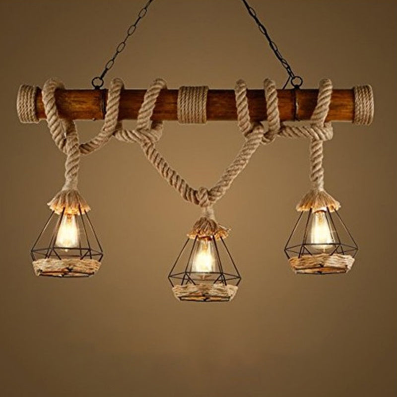 Hemp Rope Pendant Lamp Industrial Style Beige Linear Restaurant over Island Lighting
