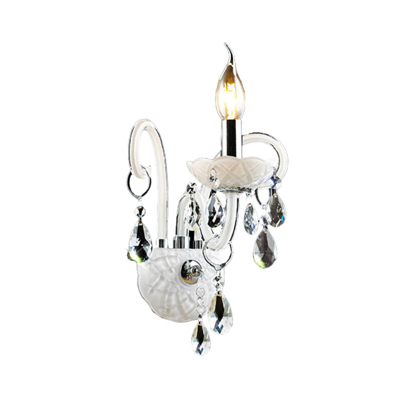Modern Candelabra Wall Light Fixture White Glass 1/2 Heads Living Room Sconce Light with Teardrop Crystal Decoration