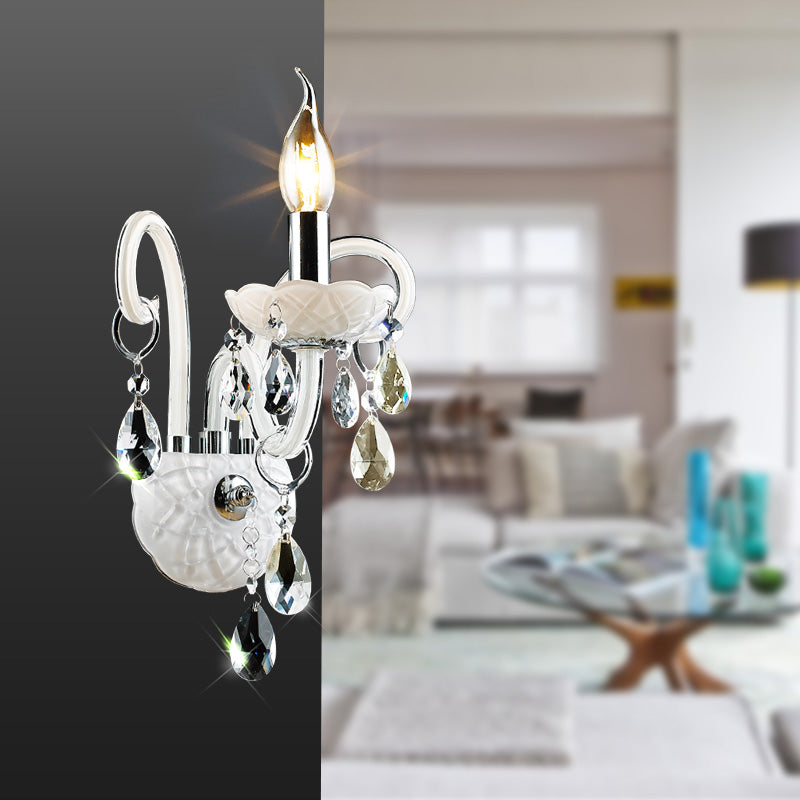 Modern Candelabra Wall Light Fixture White Glass 1/2 Heads Living Room Sconce Light with Teardrop Crystal Decoration