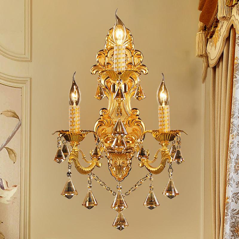 Gold Candelabra Wall Mount Light Traditional Metal 3 Heads Bedroom Sconce Light with Diamond Shape Crystal Decoration