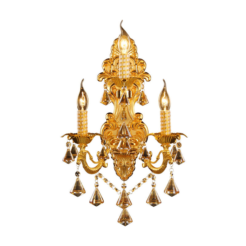 Gold Candelabra Wall Mount Light Traditional Metal 3 Heads Bedroom Sconce Light with Diamond Shape Crystal Decoration