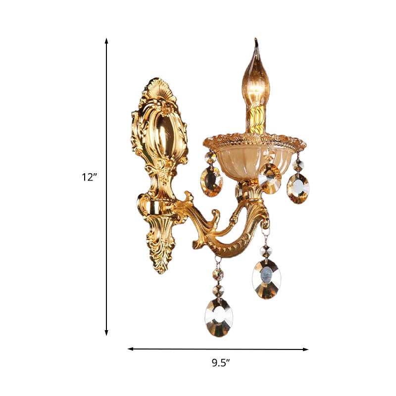 Brass Candle Wall Mounted Light Traditional Metal 1 Head Dining Room Sconce Light with Beveled Crystal Drop