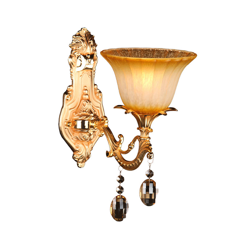 1 Head Amber Glass Sconce Light Traditional Brass Flower Bedroom Wall Mounted Light