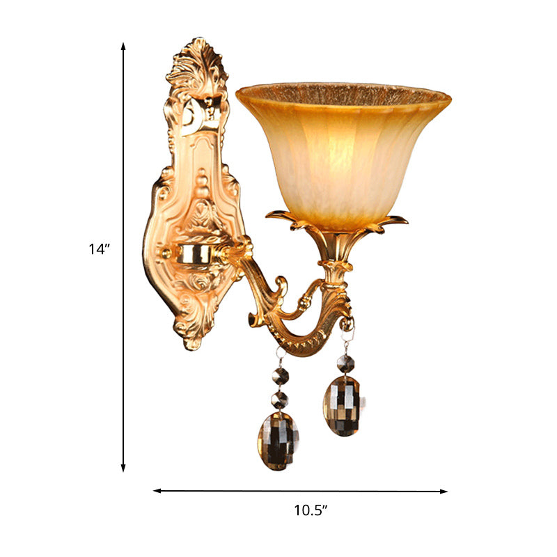 1 Head Amber Glass Sconce Light Traditional Brass Flower Bedroom Wall Mounted Light