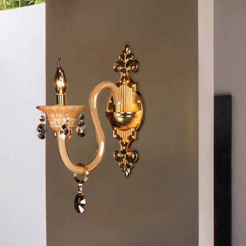 Braccio curvo lampada da parete in vetro bianco tradizionale tradizionale 1 testa salotto luce con accento cristallino smusso