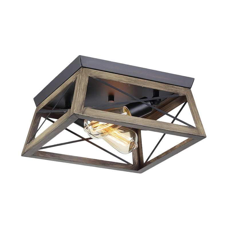 Lámpara de techo con marco de madera cuboide, lámpara de montaje empotrado de color marrón claro con 2 luces