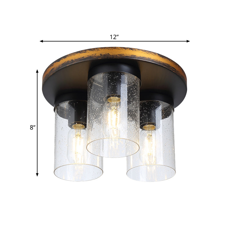Plafonnier en verre transparent, cylindrique vers le bas, 3 ampoules, éclairage rustique
