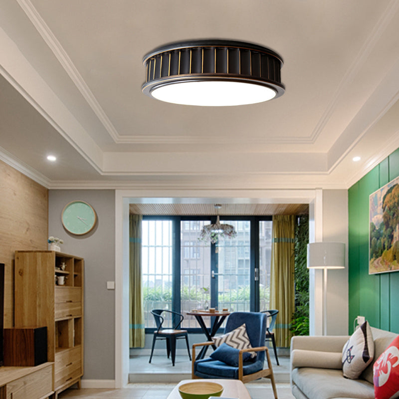 Black Ribbed Round Flush Lamp Minimalist Iron Surface Mounted LED Ceiling Light, Warm Light