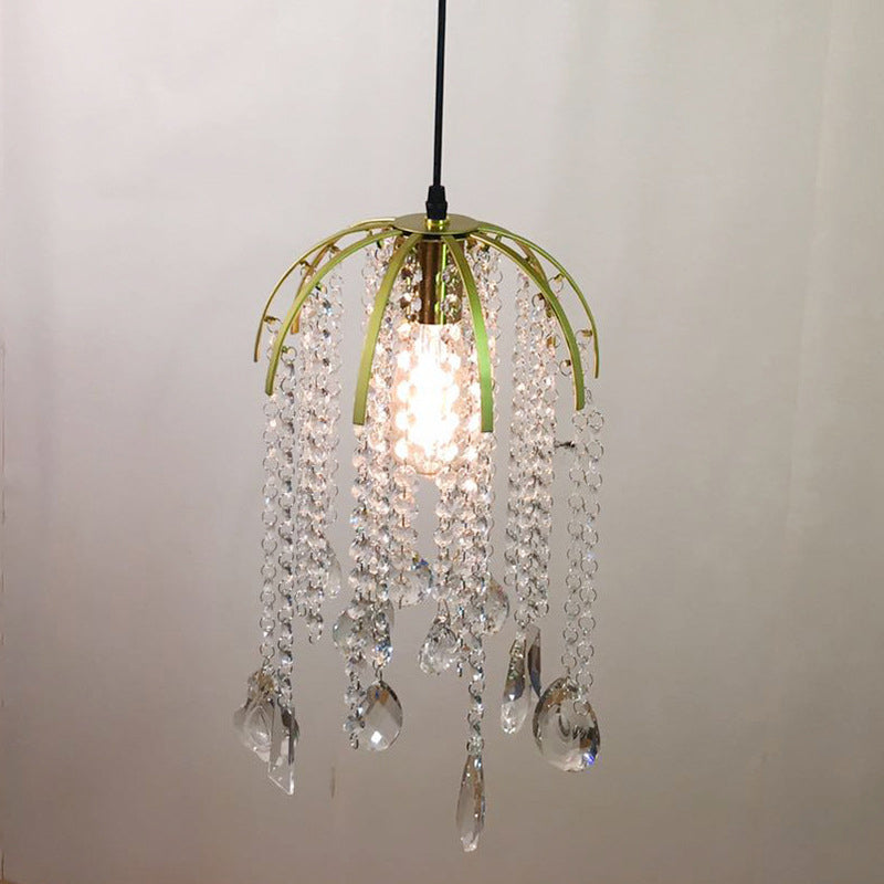 Tropical Crystal Cascading Pendant Light Single Bulb Gold Ceiling Suspension Light Fixture